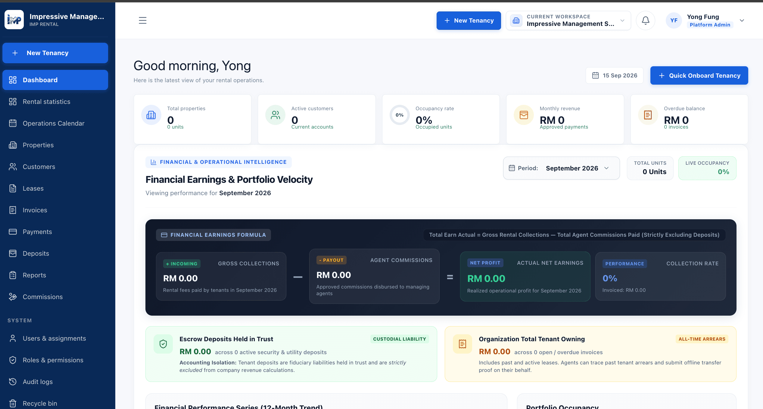 IMP Rental dashboard preview showing property, tenancy and financial management